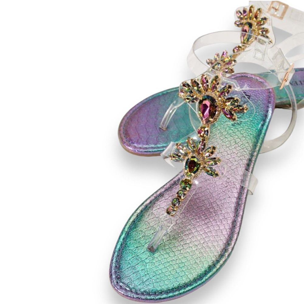 Justfab Sandals Wmns 9 Floral Jeweled Iridescent Ankle Strap Clear Kilee